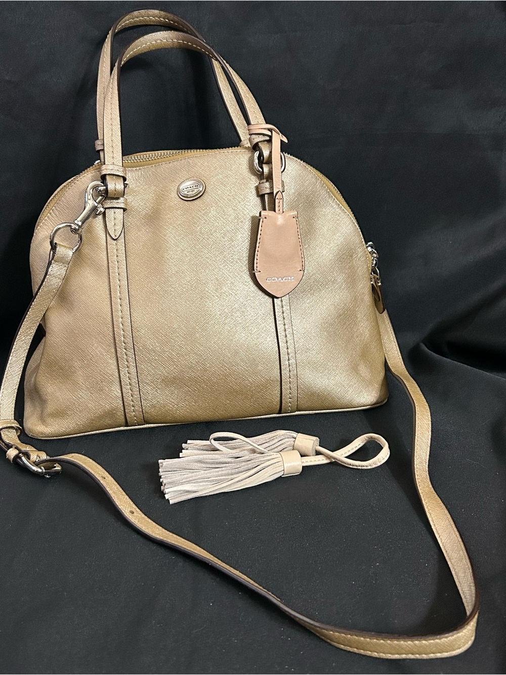 Coach Metallic Gold Dome Satchel with Crossbody Strap & Tassel